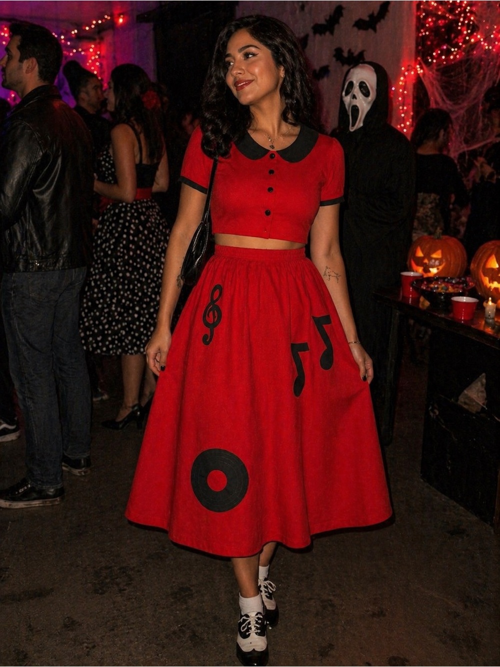 50's style Sunbelt Red Midi Skirt with Black Music Note Graphics
